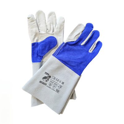 Gants de soudage en cuir complet en gris bleu et blanc de taille 10