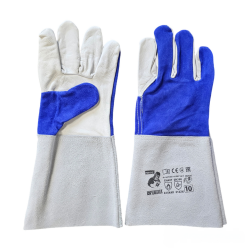 Gants de soudage en cuir complet en gris bleu et blanc de taille 10